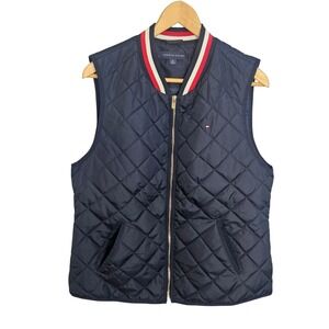 Tommy Hilfiger Womens Navy Blue Quilted Puffer Vest Ribbed Collar Pockets Medium